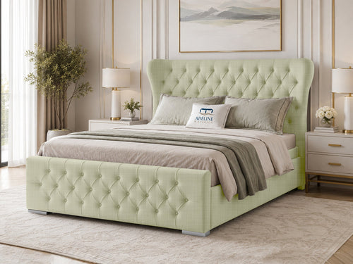 Winslet Curved Button-Tufted Wingback Upholstered Bed Set with Floor Standing Headboard, Footboard & Storage Upgrade Option