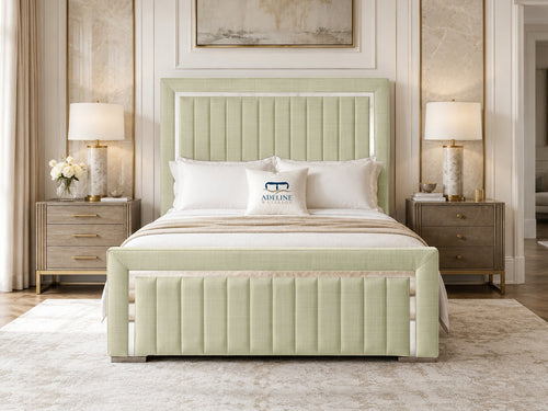 Cheshire Metallic Frame Vertical Channel Upholstered Bed Set with Floor Standing Headboard, Footboard & Storage Upgrade Option