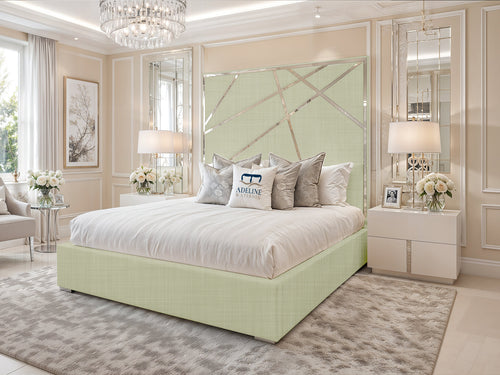 Monaco Luxe Silver Geometric Panel Upholstered Bed Set with Floor Standing Headboard, Footboard & Storage Upgrade Option