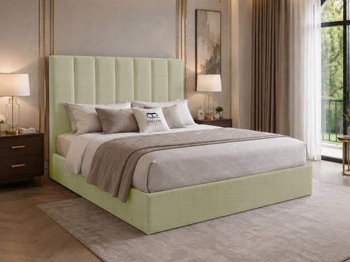 Sarah Vertical Channel Wingback Upholstered Bed Set with Floor Standing Headboard, Footboard & Storage Upgrade Option
