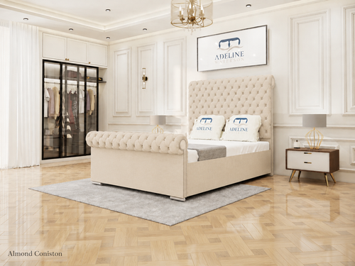 Luxury Button-Tufted Sleigh Upholstered Bed Set with Storage Drawers, Floor Standing Headboard & Footboard