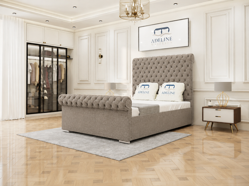 Luxury Button-Tufted Sleigh Upholstered Bed Set with Storage Drawers, Floor Standing Headboard & Footboard