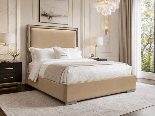 Bumper Beading Panel Upholstered Bed Set with Floor Standing Headboard, Footboard & Storage Upgrade Option