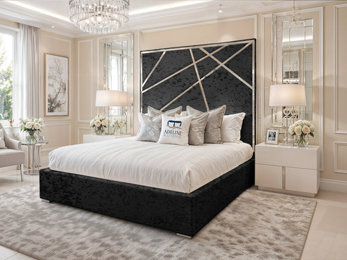Monaco Luxe Silver Geometric Panel Upholstered Bed Set with Floor Standing Headboard, Footboard & Storage Upgrade Option