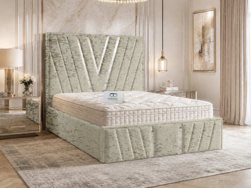 Verona Silver V-Panel Upholstered Bed Set with Floor Standing Headboard, Footboard & Storage Upgrade Option