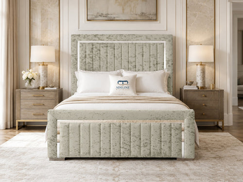 Cheshire Metallic Frame Vertical Channel Upholstered Bed Set with Floor Standing Headboard, Footboard & Storage Upgrade Option