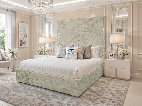 Monaco Luxe Silver Geometric Panel Upholstered Bed Set with Floor Standing Headboard, Footboard & Storage Upgrade Option