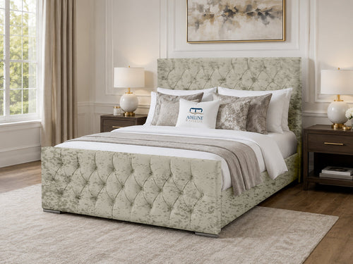 Arabella Button-Tufted Upholstered Bed Set with Floor Standing Headboard, Footboard & Storage Upgrade Option