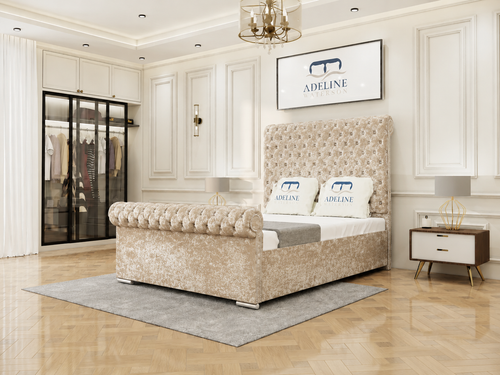 Luxury Button-Tufted Sleigh Upholstered Bed Set with Storage Drawers, Floor Standing Headboard & Footboard