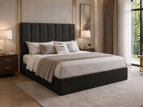 Sarah Vertical Channel Wingback Upholstered Bed Set with Floor Standing Headboard, Footboard & Storage Upgrade Option
