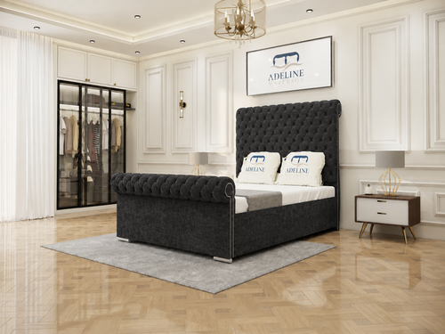 Luxury Button-Tufted Sleigh Upholstered Bed Set with Storage Drawers, Floor Standing Headboard & Footboard