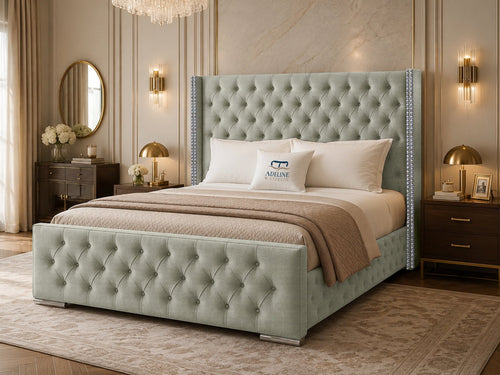 Duchess Button-Tufted Wingback Upholstered Bed Set with Floor Standing Headboard, Footboard & Storage Upgrade Option