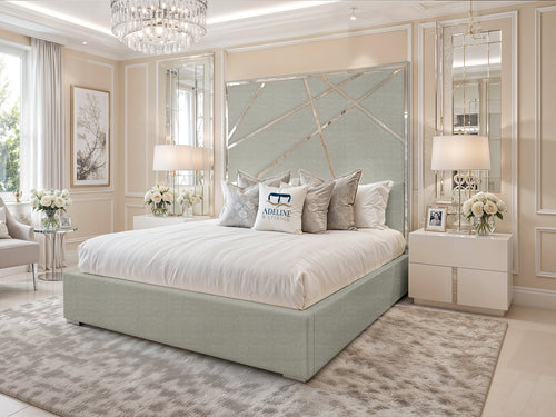 Monaco Luxe Silver Geometric Panel Upholstered Bed Set with Floor Standing Headboard, Footboard & Storage Upgrade Option