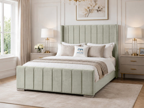 Windsor Vertical Channel Upholstered Bed Set with Floor Standing Headboard, Footboard & Storage Upgrade Option