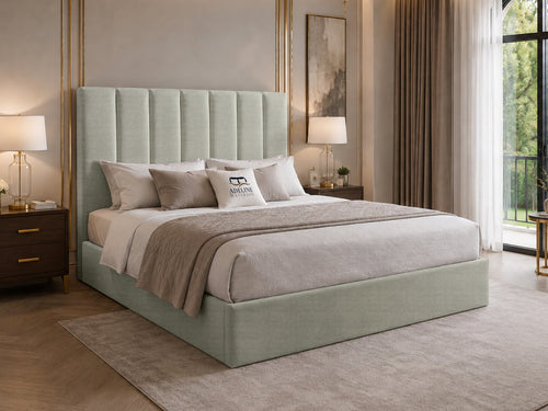 Sarah Vertical Channel Wingback Upholstered Bed Set with Floor Standing Headboard, Footboard & Storage Upgrade Option