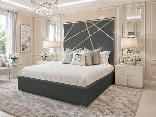Monaco Luxe Silver Geometric Panel Upholstered Bed Set with Floor Standing Headboard, Footboard & Storage Upgrade Option