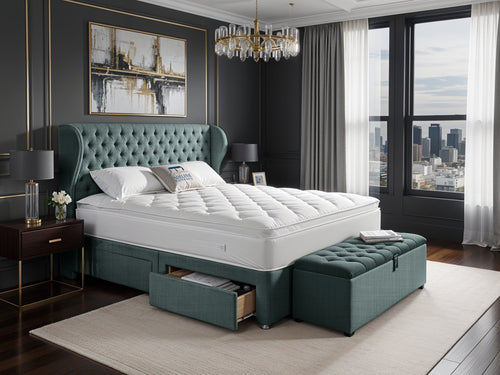 Empire Chesterfield Button-Tufted Upholstered Bed Set with Floor Standing Headboard, Footboard & Storage Upgrade Option