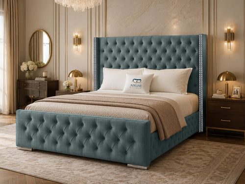 Duchess Button-Tufted Wingback Upholstered Bed Set with Floor Standing Headboard, Footboard & Storage Upgrade Option
