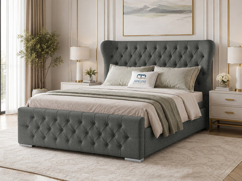 Winslet Curved Button-Tufted Wingback Upholstered Bed Set with Floor Standing Headboard, Footboard & Storage Upgrade Option