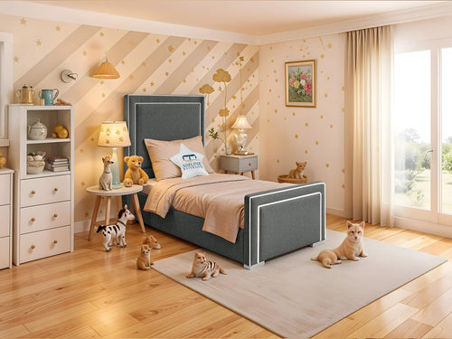 Oliver Bordered Panel Kids Upholstered Bed Set with Floor Standing Headboard & Footboard
