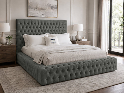 Knightsbridge Button-Tufted Wingback Upholstered Bed Set with Floor Standing Headboard, Footboard & Storage Upgrade Option