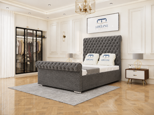 Luxury Button-Tufted Sleigh Upholstered Bed Set with Storage Drawers, Floor Standing Headboard & Footboard