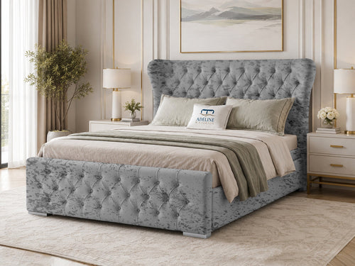 Winslet Curved Button-Tufted Wingback Upholstered Bed Set with Floor Standing Headboard, Footboard & Storage Upgrade Option