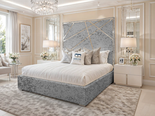 Monaco Luxe Silver Geometric Panel Upholstered Bed Set with Floor Standing Headboard, Footboard & Storage Upgrade Option