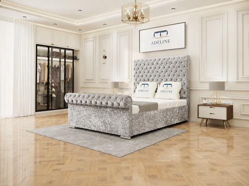 Luxury Button-Tufted Sleigh Upholstered Bed Set with Storage Drawers, Floor Standing Headboard & Footboard