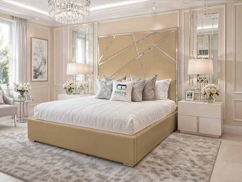 Monaco Luxe Silver Geometric Panel Upholstered Bed Set with Floor Standing Headboard, Footboard & Storage Upgrade Option