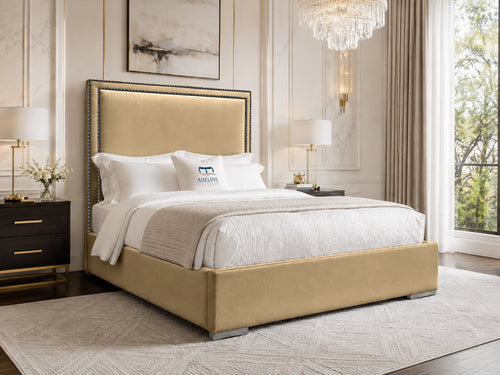 Bumper Beading Panel Upholstered Bed Set with Floor Standing Headboard, Footboard & Storage Upgrade Option