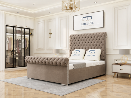 Luxury Button-Tufted Sleigh Upholstered Bed Set with Storage Drawers, Floor Standing Headboard & Footboard