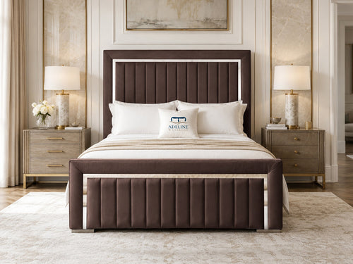 Cheshire Metallic Frame Vertical Channel Upholstered Bed Set with Floor Standing Headboard, Footboard & Storage Upgrade Option
