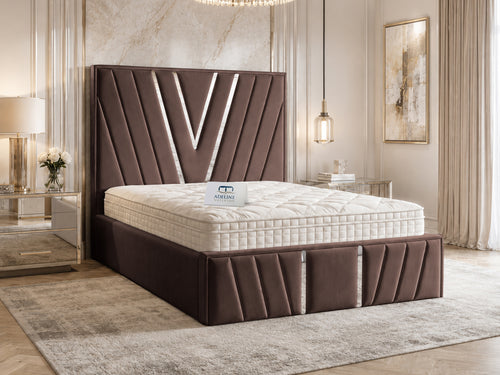 Verona Silver V-Panel Upholstered Bed Set with Floor Standing Headboard, Footboard & Storage Upgrade Option
