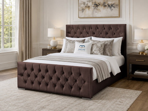 Arabella Button-Tufted Upholstered Bed Set with Floor Standing Headboard, Footboard & Storage Upgrade Option