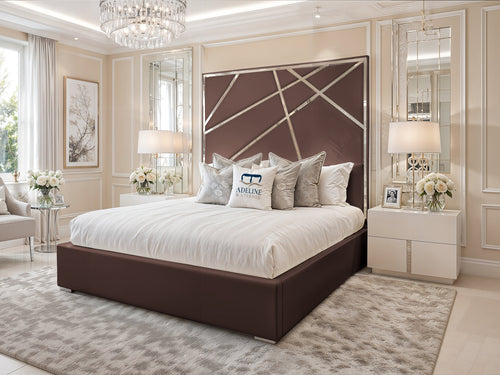 Monaco Luxe Silver Geometric Panel Upholstered Bed Set with Floor Standing Headboard, Footboard & Storage Upgrade Option