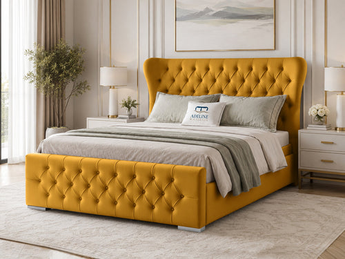 Winslet Curved Button-Tufted Wingback Upholstered Bed Set with Floor Standing Headboard, Footboard & Storage Upgrade Option