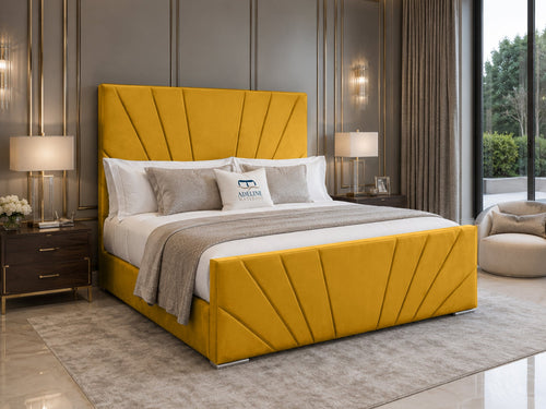 Sydney Sunburst Channel Wingback Upholstered Bed Set with Floor Standing Headboard, Footboard & Storage Upgrade Option
