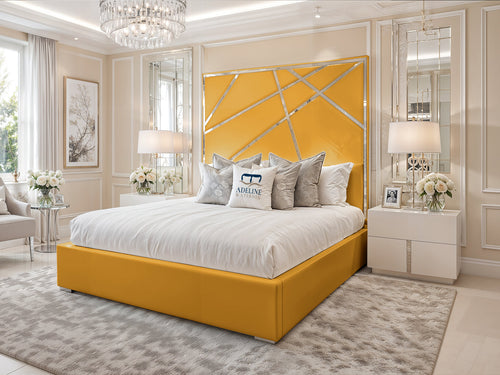 Monaco Luxe Silver Geometric Panel Upholstered Bed Set with Floor Standing Headboard, Footboard & Storage Upgrade Option