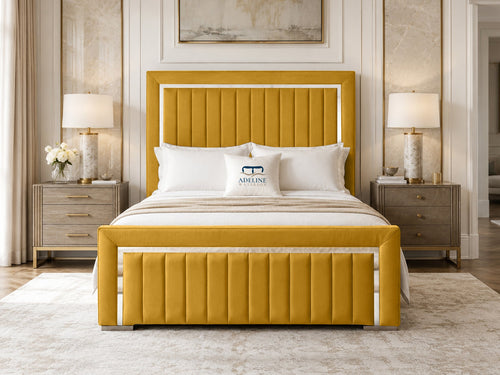 Cheshire Metallic Frame Vertical Channel Upholstered Bed Set with Floor Standing Headboard, Footboard & Storage Upgrade Option