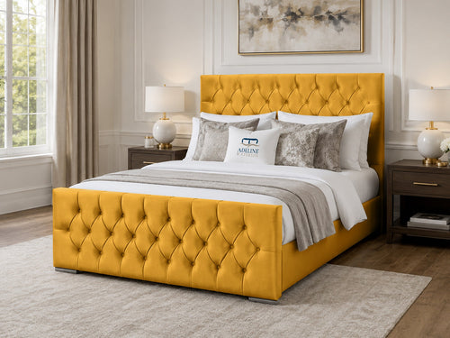 Arabella Button-Tufted Upholstered Bed Set with Floor Standing Headboard, Footboard & Storage Upgrade Option