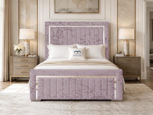 Cheshire Metallic Frame Vertical Channel Upholstered Bed Set with Floor Standing Headboard, Footboard & Storage Upgrade Option