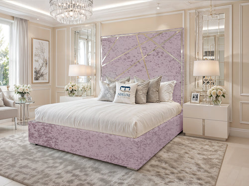Monaco Luxe Silver Geometric Panel Upholstered Bed Set with Floor Standing Headboard, Footboard & Storage Upgrade Option