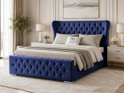 Winslet Curved Button-Tufted Wingback Upholstered Bed Set with Floor Standing Headboard, Footboard & Storage Upgrade Option