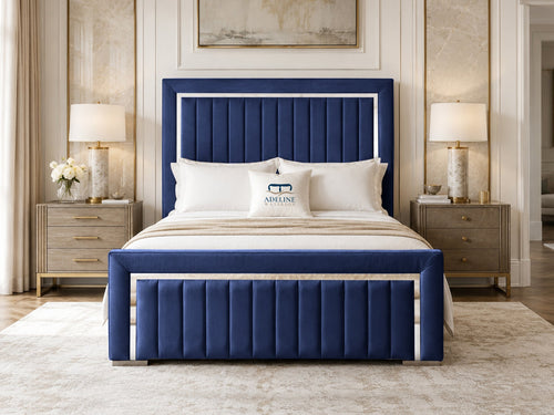 Cheshire Metallic Frame Vertical Channel Upholstered Bed Set with Floor Standing Headboard, Footboard & Storage Upgrade Option
