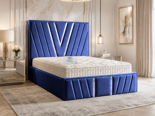 Verona Silver V-Panel Upholstered Bed Set with Floor Standing Headboard, Footboard & Storage Upgrade Option