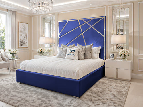 Monaco Luxe Silver Geometric Panel Upholstered Bed Set with Floor Standing Headboard, Footboard & Storage Upgrade Option