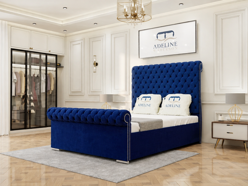 Luxury Button-Tufted Sleigh Upholstered Bed Set with Storage Drawers, Floor Standing Headboard & Footboard