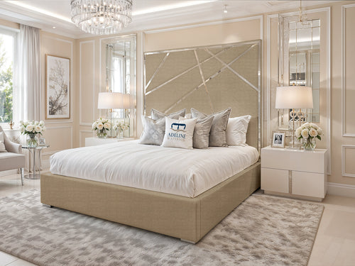 Monaco Luxe Silver Geometric Panel Upholstered Bed Set with Floor Standing Headboard, Footboard & Storage Upgrade Option