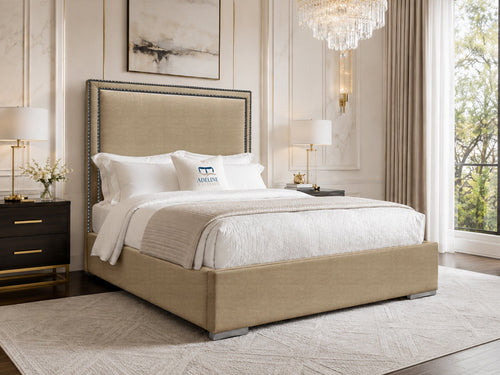 Bumper Beading Panel Upholstered Bed Set with Floor Standing Headboard, Footboard & Storage Upgrade Option